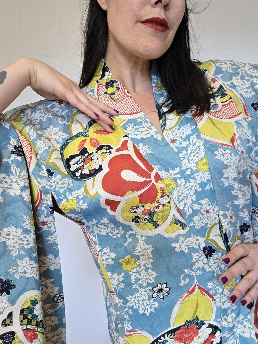 Blue Floral Vintage-Style Kimono Robe with Red & Yellow Accents